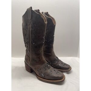 Cowboy Boots Womens Size 4 Brown Leather Sequin Inlay Western Boots